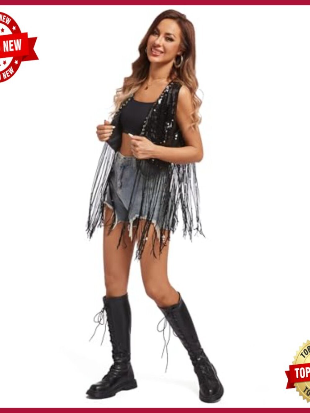 Sequin Fringe Vest Sleeveless Open Front Tassel Jacket Party Top - Picture 2 of 5